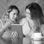 two worried ladies - black and white graphic